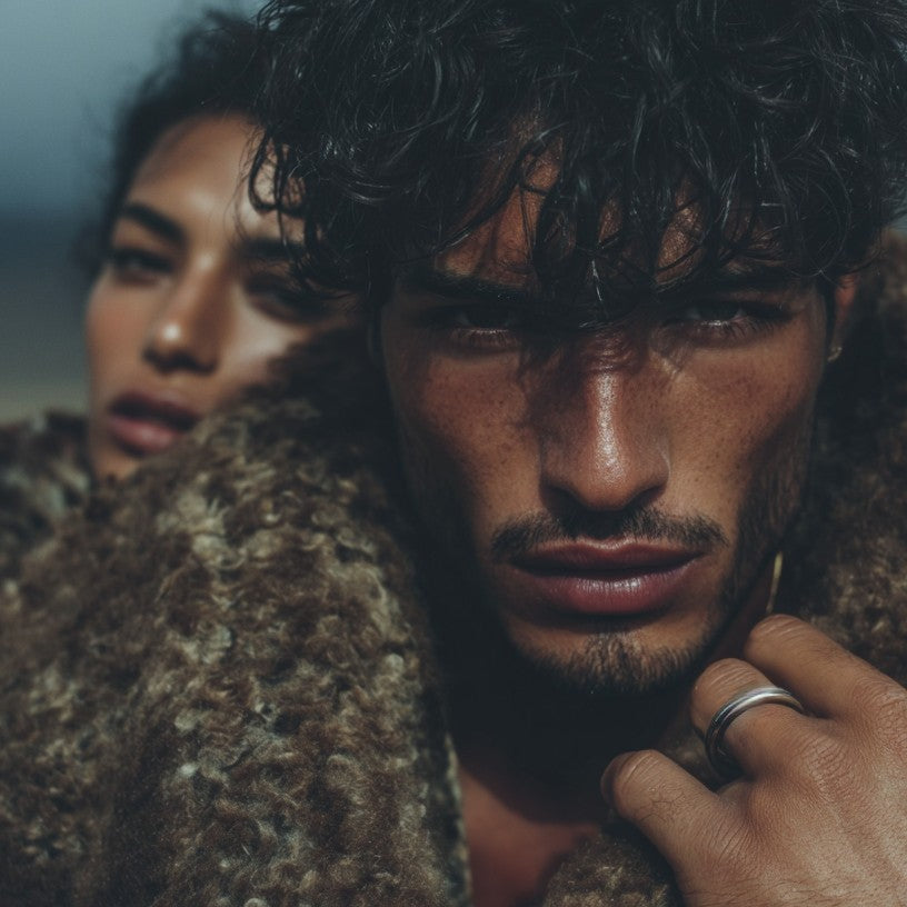 A couple wrapped in fur, his hand wearing a ring against his collar, the material meeting its wearer