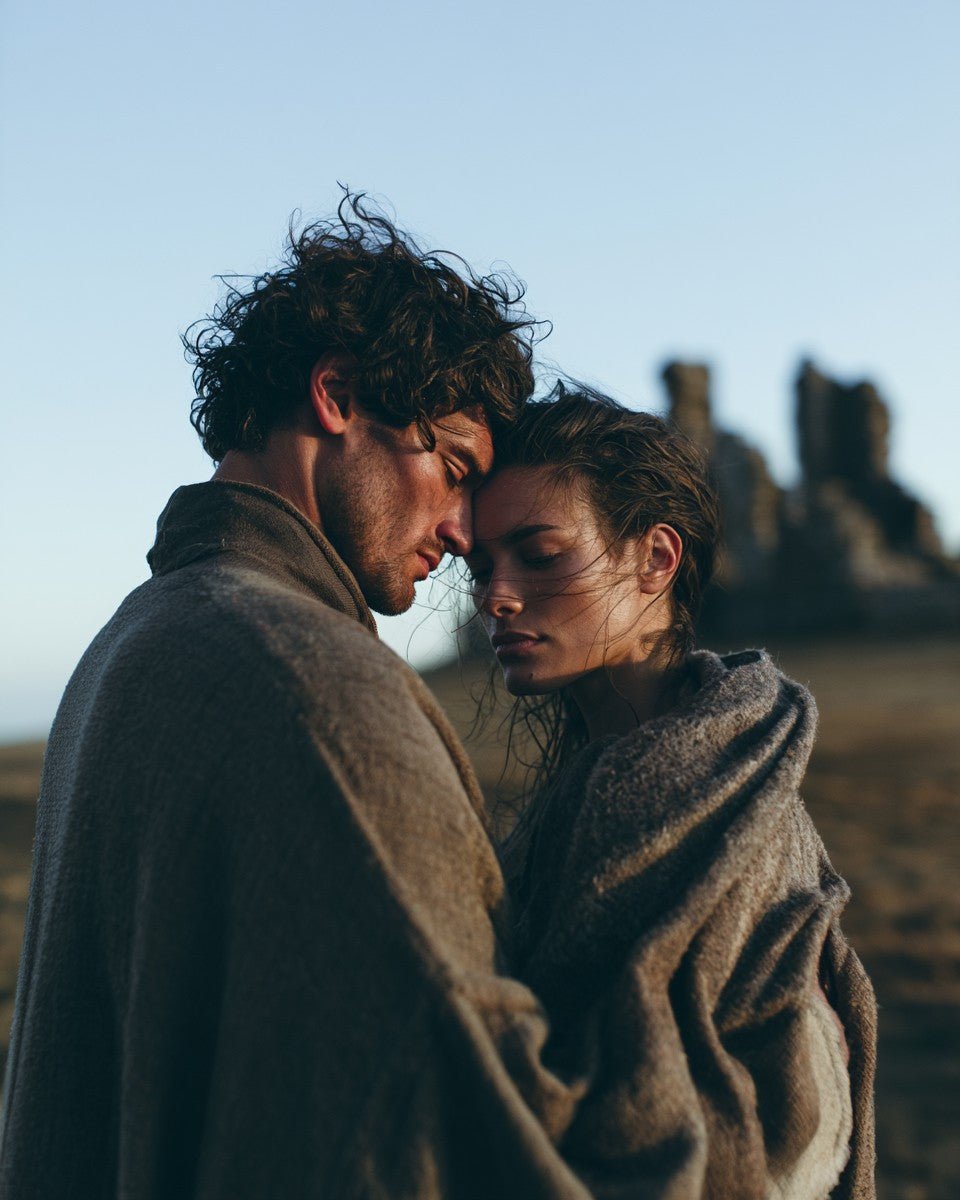 Two people wrapped together in a blanket at dusk