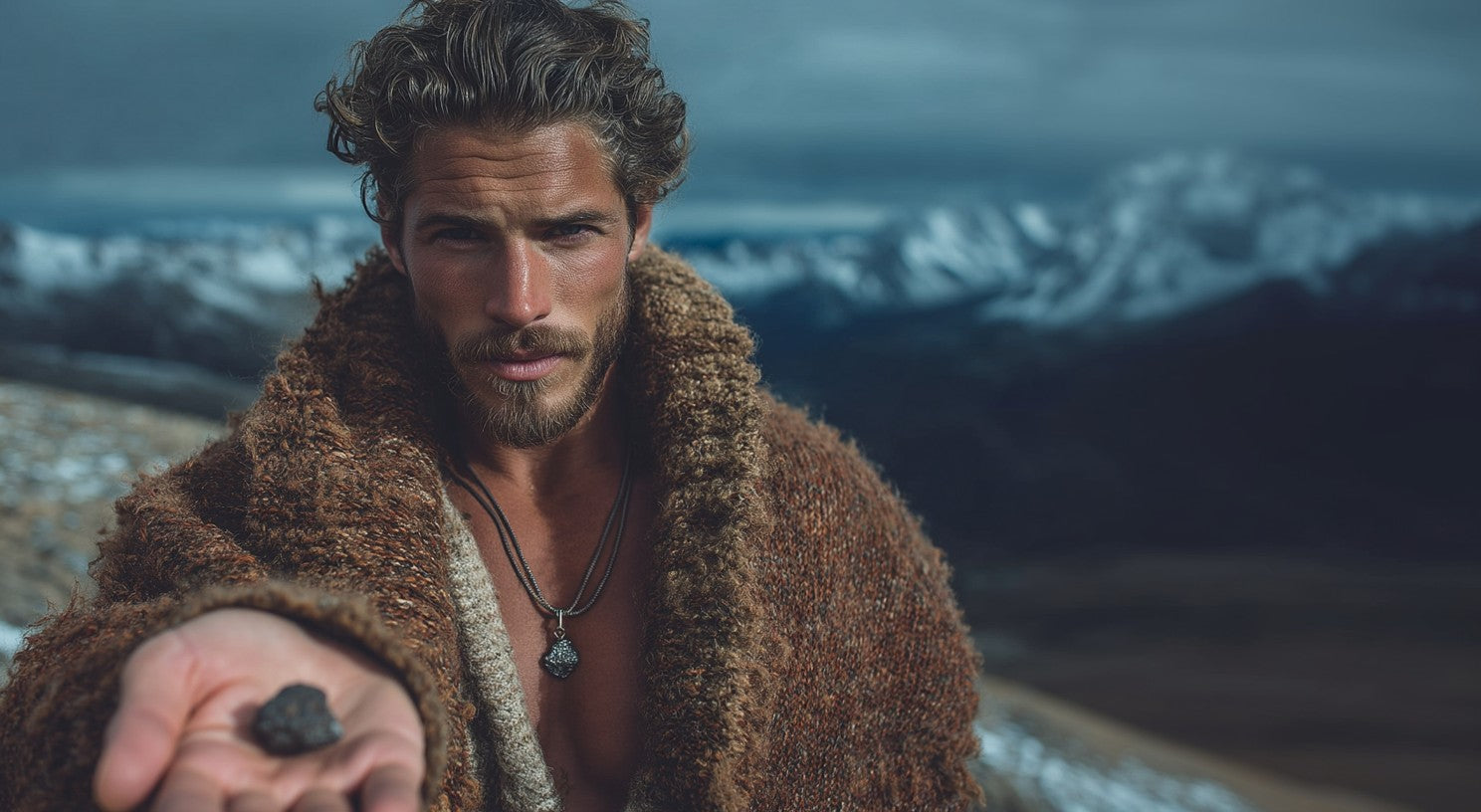 A man in a knit wrap coat extending a raw meteorite fragment in his open palm, snow-capped mountains beyond