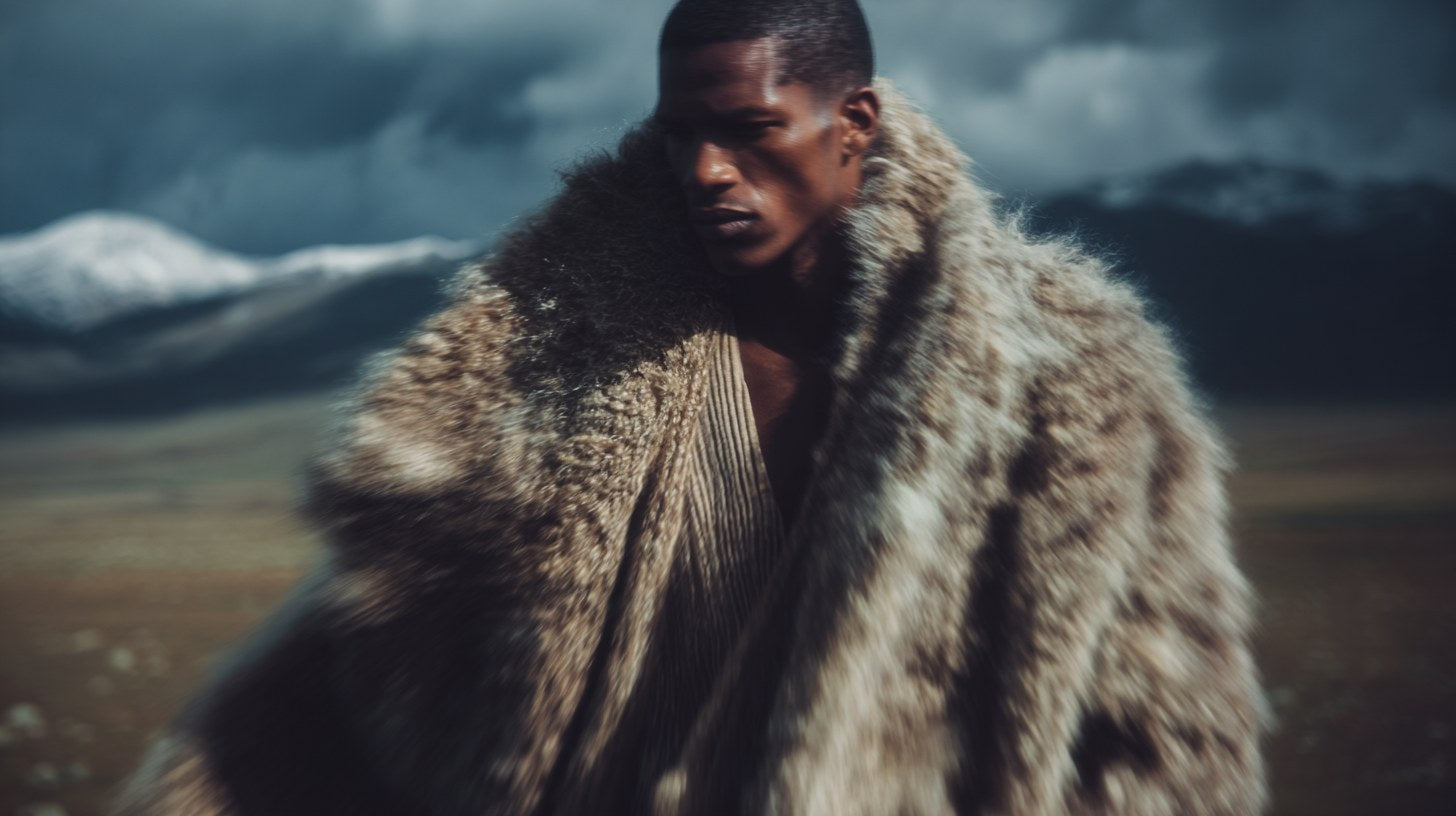 A man wrapped in a heavy fur coat turning against a storm-lit plain, snow peaks behind