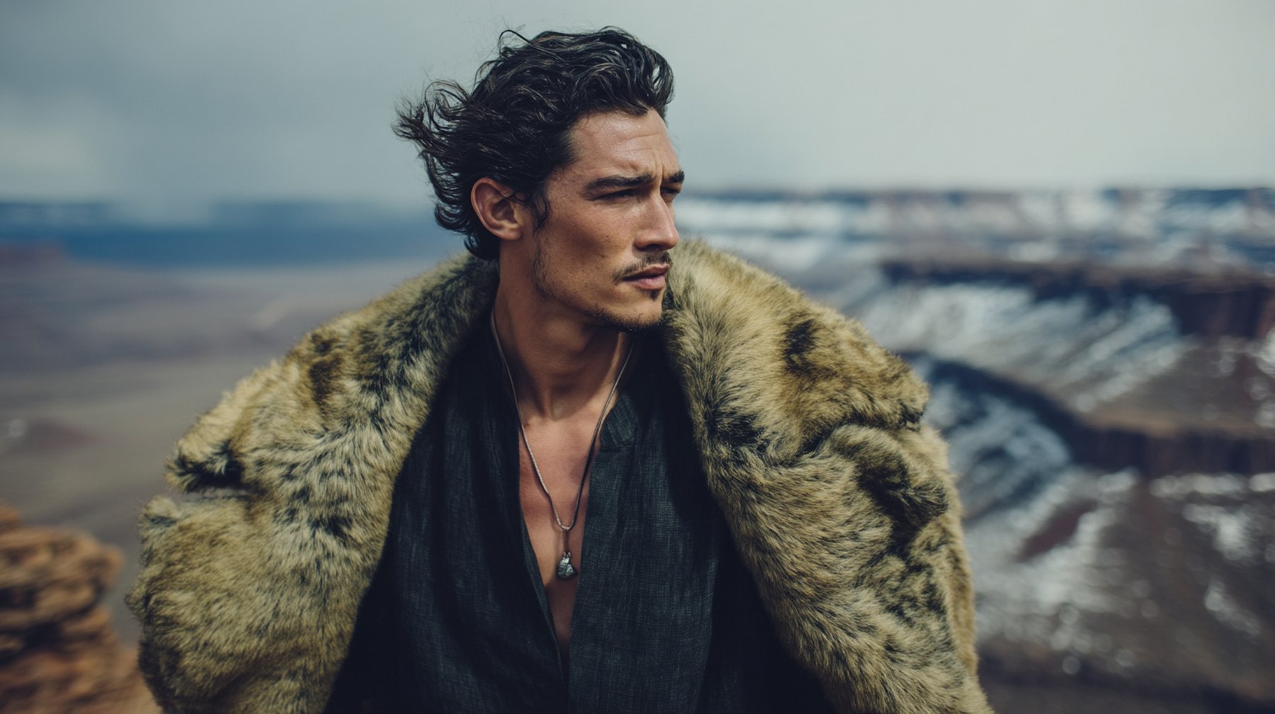 A man in a fur-collared coat looking out over a canyon landscape, a meteorite pendant at his chest