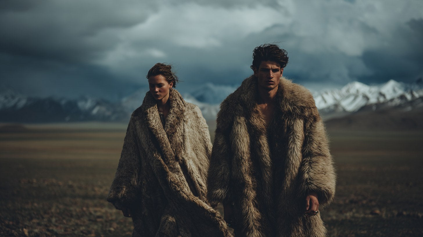 Two figures in fur coats walking across an open steppe beneath a storm sky, snow-capped mountains beyond